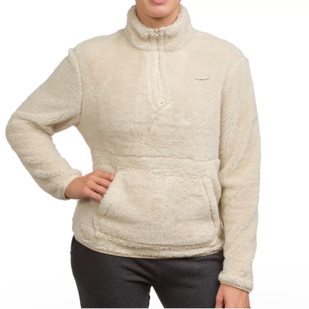 Reebok Women 1/4 Zip Cream Tan Teddy Fleece‎ Pullover XXL Kangaroo Windsor Eine